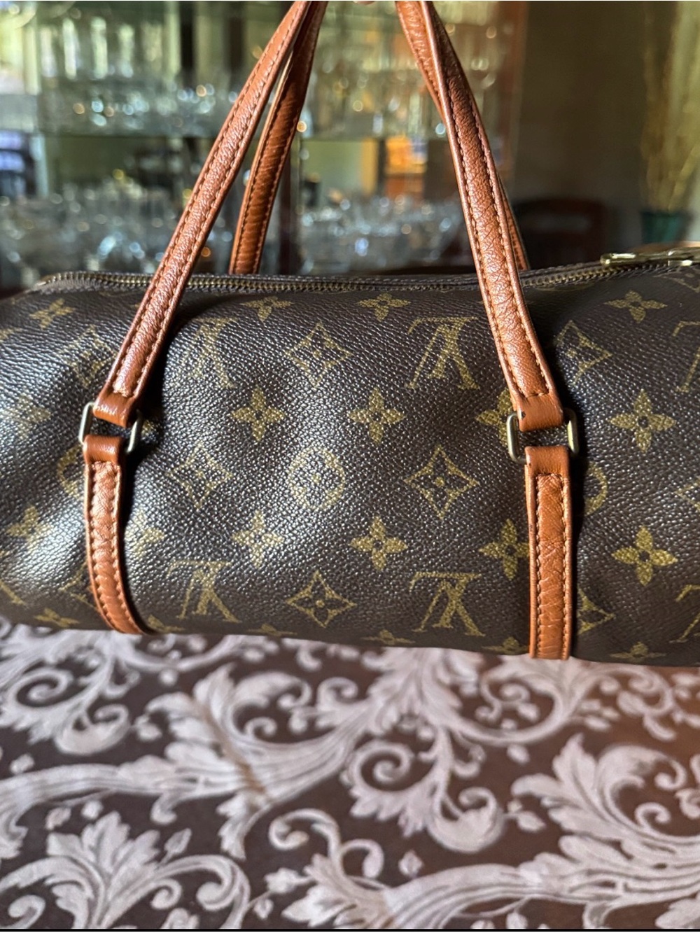 Louis Vuitton Monogram Canvas Brown Barrel Papillon Bag with Tan Trim
